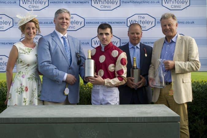 Prof Mark Whiteley with Vicki Smith presenting Jockey Martin Harley - Winner The Whiteley Clinic Stakes 2016