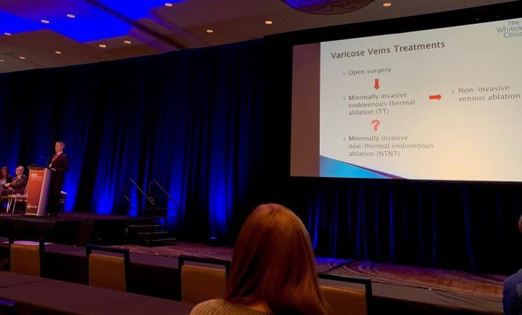 Prof Mark Whiteley presenting his team&rsquo;s research on Sonovein treatment of varicose veins