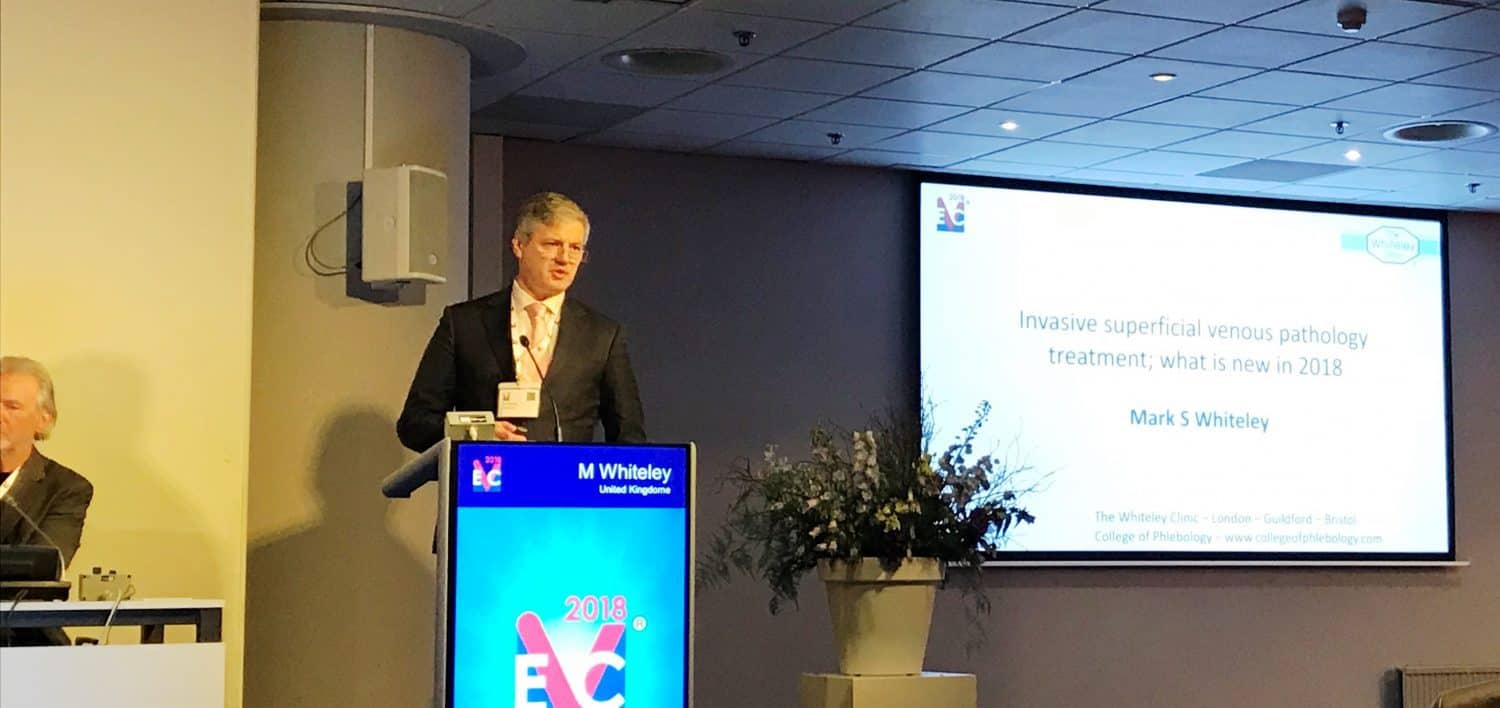 Prof Mark Whiteley lecturing on new treatments for varicose veins in 2018 at the EVC in Maastricht 2018
