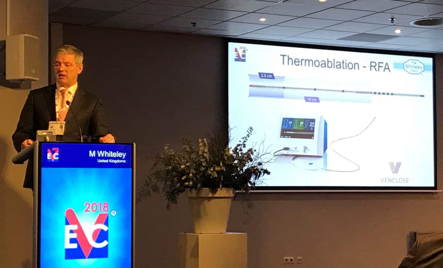 Prof Mark Whiteley lecturing on new treatments for varicose veins in 2018 at the EVC in Maastricht 2018 - Venclose - a new radiofrequency ablation device for treating varicose veins