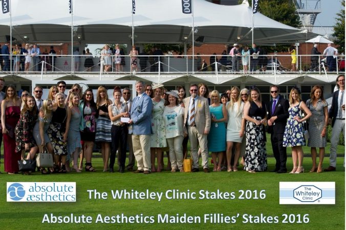 Mark Whiteley and Vicki Smith with their guests at The Whiteley Clinic Stakes and Absolute Aesthetics Absolute Aesthetics Maiden Fillies Stakes Goodwood 2016
