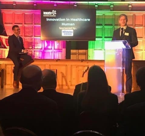 Prof Mark Whiteley announcing the winners of the Innovation in Healthcare Awards - Guildford December 2018