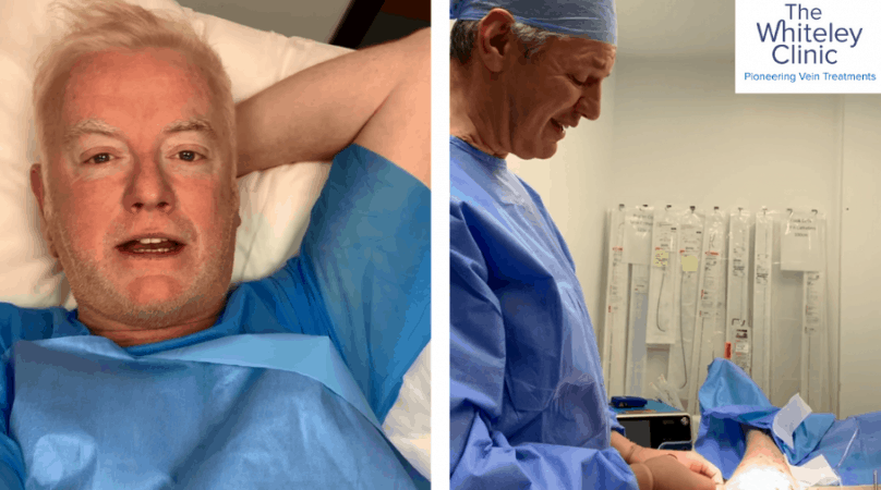 Chris Evans during his varicose vein treatment at The Whiteley Clinic in London, performed by Prof. Mark Whiteley.