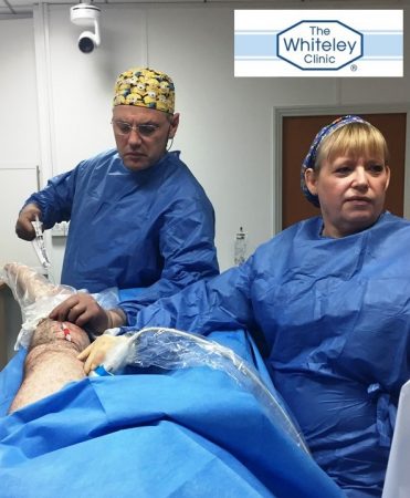 Prof Mark Whiteley and Judy Holdstock performing Clarivein for varicose veins at The Whiteley Clinic - filming a back-up for the College of Phlebology 1st International Veins Meeting 15-18 March 2017