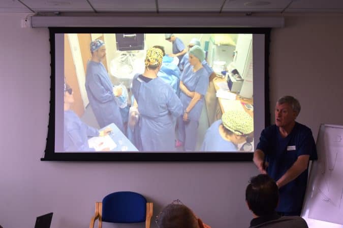Mr Barrie Price explaining endovenous techniques for varicose veins during live operating at The Whiteley Clinic Angiodynamics course 19-20 May 2016