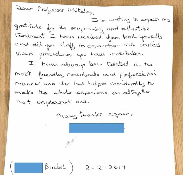 letter of thanks to Professor Mark Whiteley from a patient treated for venous eczema CEAP C4 at The Whiteley Clinic