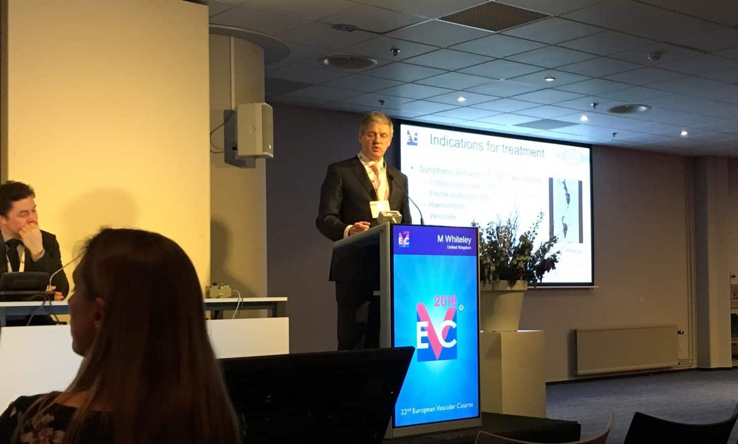 Prof Mark Whiteley speaking on indications and methods of treatment for pelvic congestion syndrome - Maastricht, EVC 2018