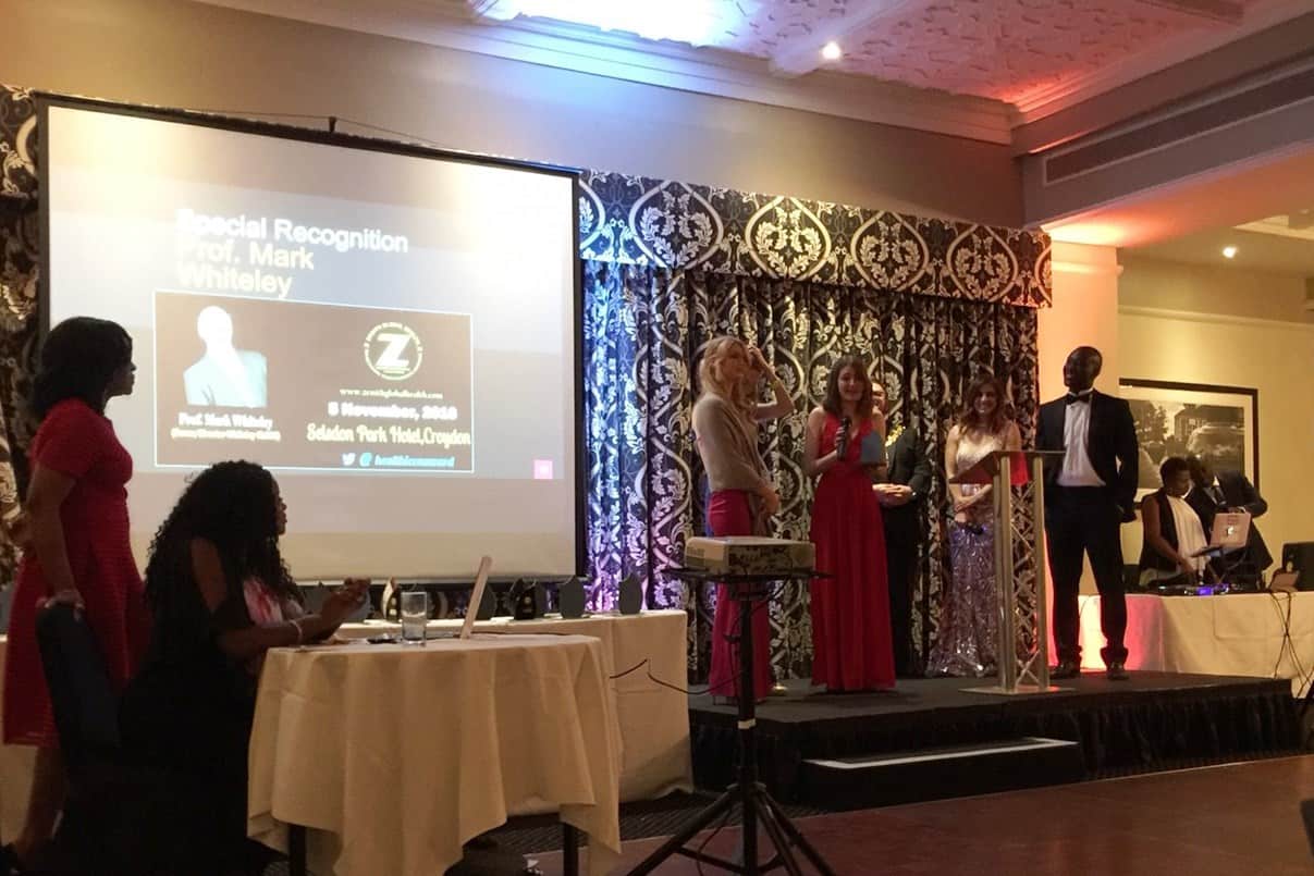 Alice Whiteley accepting Zenith Global Health Special Recognition Award on behalf of Prof Mark Whiteley - Nov 2016