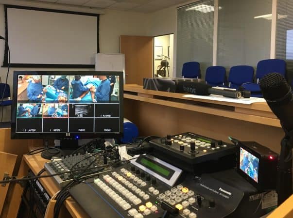 Mixing desk at The Whiteley Clinic recording a case of Venaseal glue for varicose veins for College of Phlebology 1st International Veins Meeting 25 Feb 2017