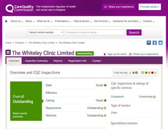 The Whiteley Clinic rated outstanding by CQC 2017 for care of patients with varicose veins, venous leg ulcers venous eczema and phlebitis