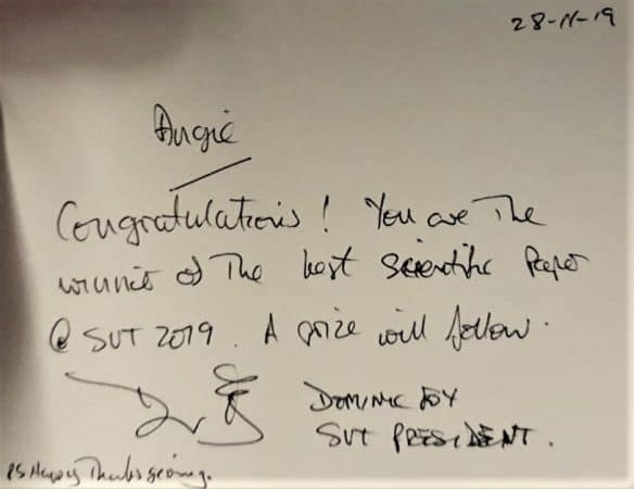 Confirmation of SVT Prize for Angie White presenting HIFU Sonovein treatment of Varicose Veins at The Whiteley Clinic