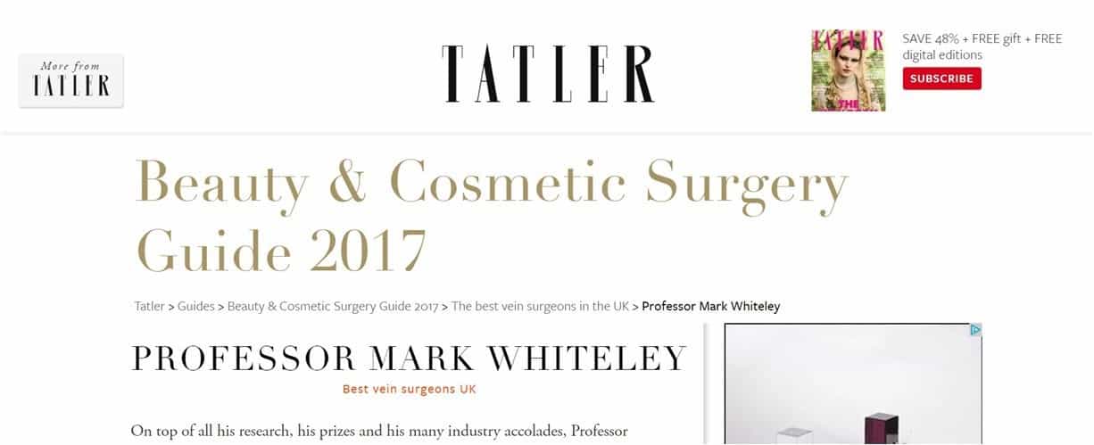 Best vein surgeons in UK in Tatler Beauty and Cosmetic Surgery Guide 2017