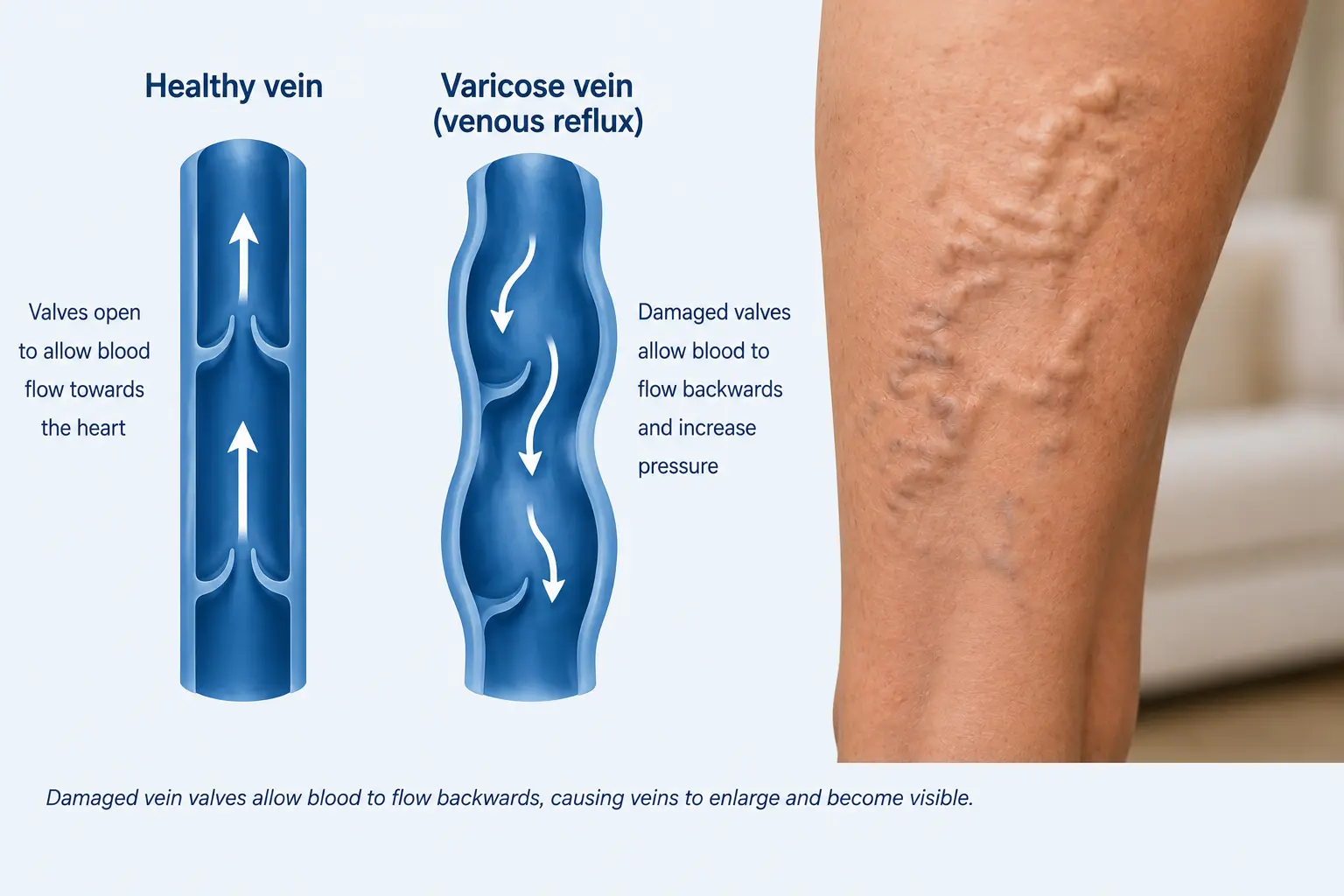 Damaged vein valves allow blood to flow backwards, causing veins to enlarge and become visible.