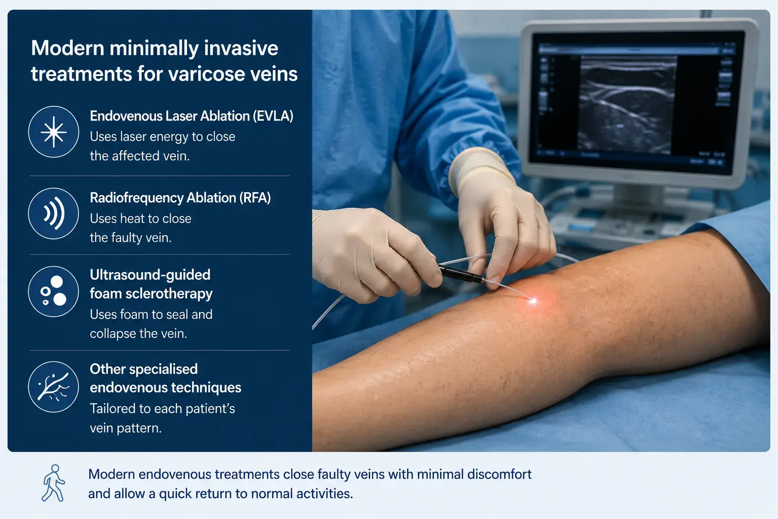 Modern endovenous treatments close fault veins with minimal discomfort and allow a quick return to normal activities.